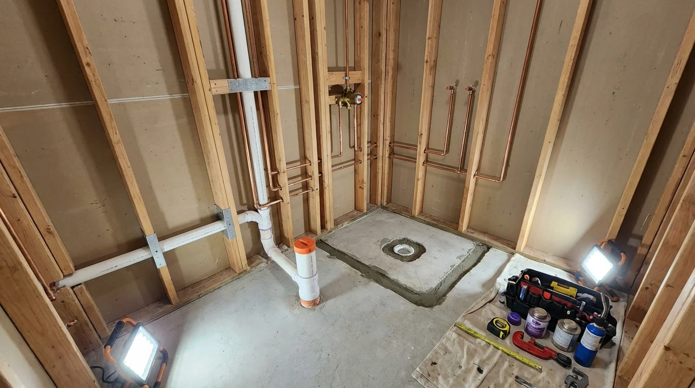 Bathroom rough-in plumbing during remodel by Johns Plumbing LLC in Hill City