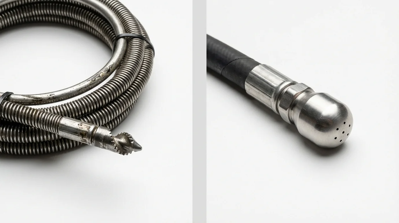 Drain snake cable and hydro jetting nozzle used for drain cleaning in Hill City, KS