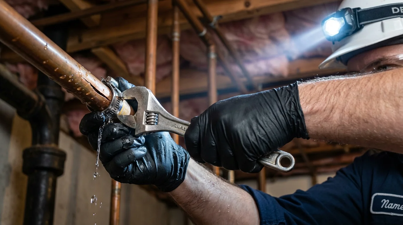 Emergency pipe clamp repair being performed by a Johns Plumbing LLC plumber in Hill City