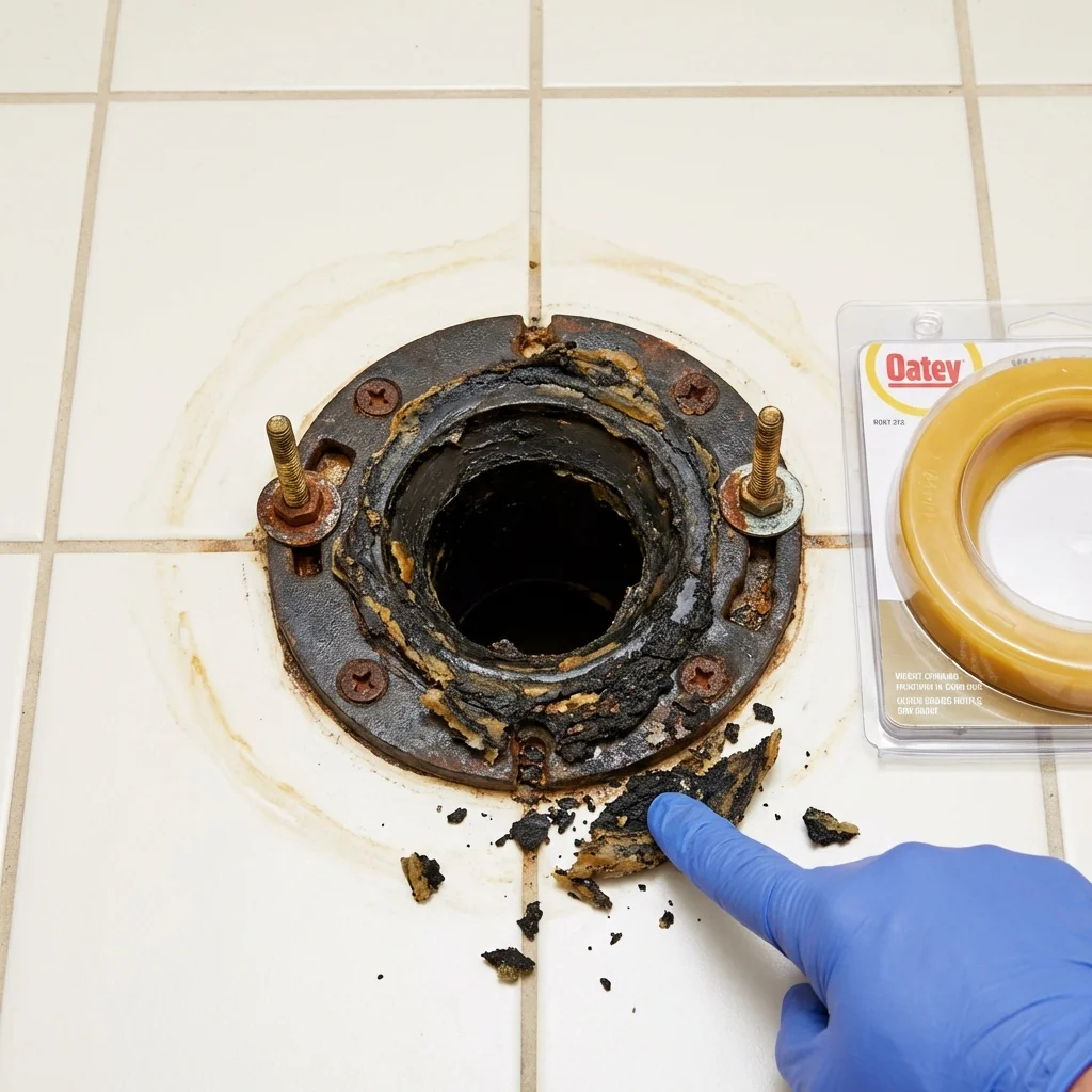 Failed wax ring showing water seepage at the base of a toilet in a Hill City, KS home