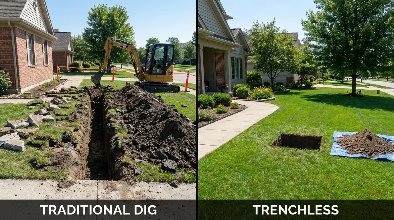 Trenchless sewer repair with minimal yard damage versus traditional excavation in Hill City, KS