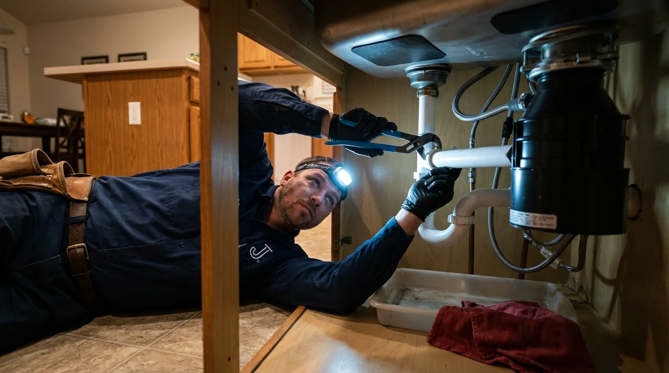 P-trap and supply line connections under a kitchen sink showing a common leak point in Hill City, KS